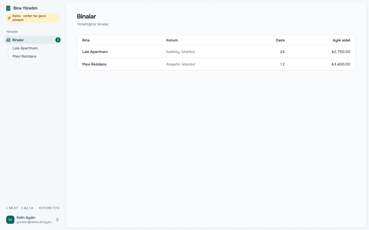 Binago management panel: list of buildings